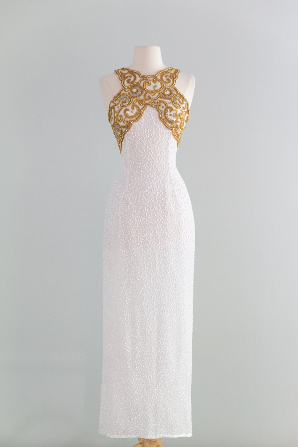 Stunning Vintage White & Gold Fully Beaded Silk Evening Gown / S Stunning Vintage White & Gold Fully Beaded Silk Evening Gown / S