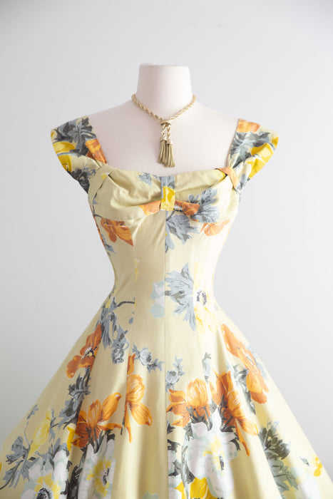 Glorious 1950's Butter Yellow Bucolic Floral Print Sundress By Cole Of California / SM