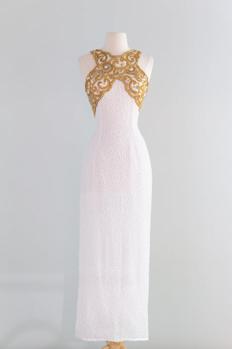Stunning Vintage White & Gold Fully Beaded Silk Evening Gown / S  Xtabay  Vintage