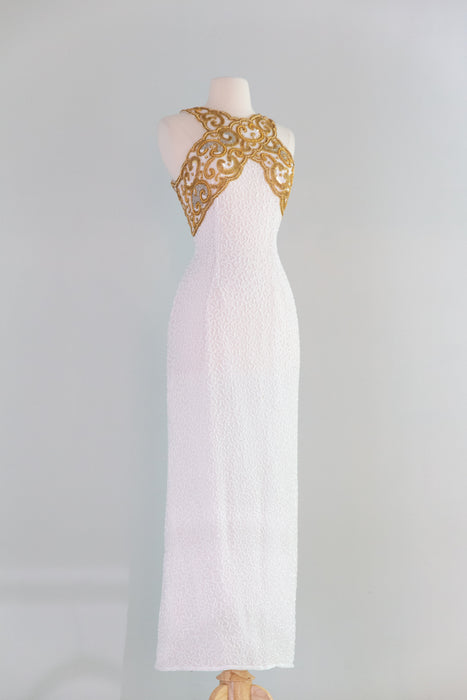 Stunning Vintage White & Gold Fully Beaded Silk Evening Gown / S
