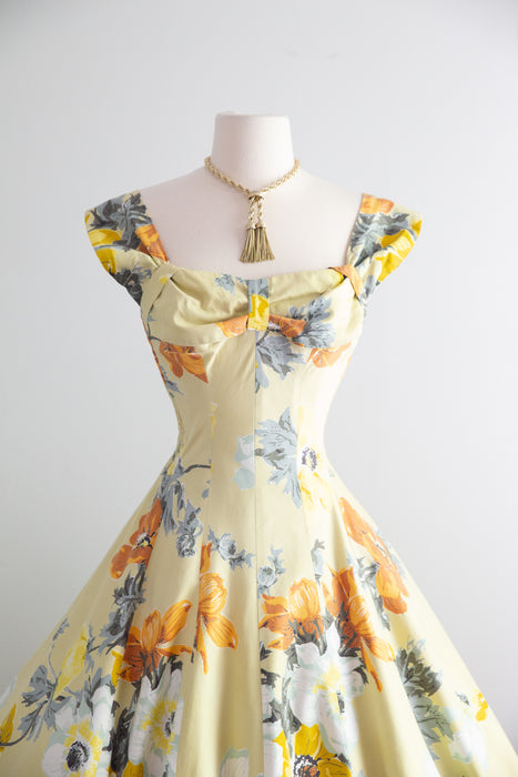 Glorious 1950's Butter Yellow Bucolic Floral Print Sundress By Cole Of California / SM