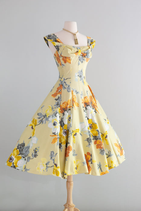 Glorious 1950's Butter Yellow Bucolic Floral Print Sundress By Cole Of California / SM