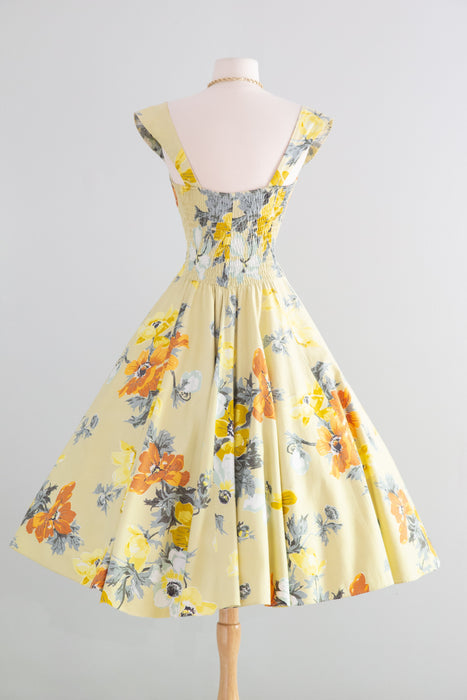 Glorious 1950's Butter Yellow Bucolic Floral Print Sundress By Cole Of California / SM