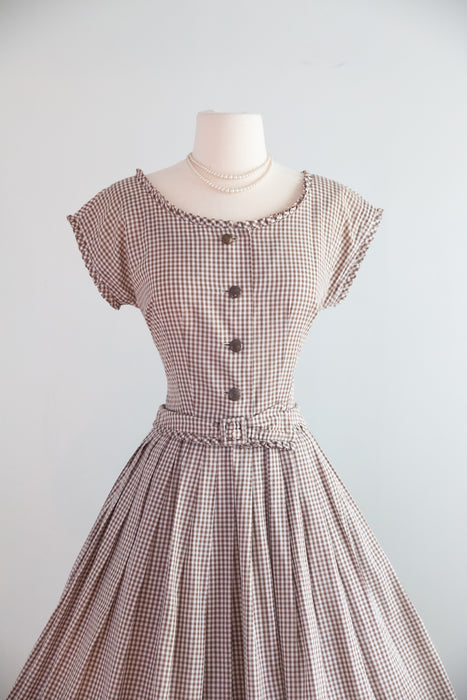 Classic 1950's Coffee & Cream Gingham Cotton Day Dress By R&K / SM