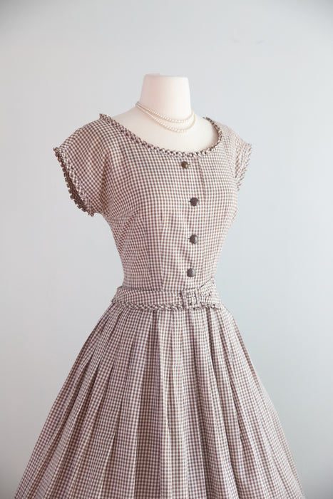 Classic 1950's Coffee & Cream Gingham Cotton Day Dress By R&K / SM