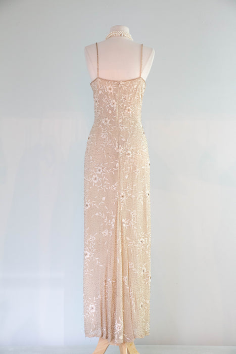 Dreamy Vintage Beaded and Embroidered Champagne Silk Chiffon Bridal Gown / ML