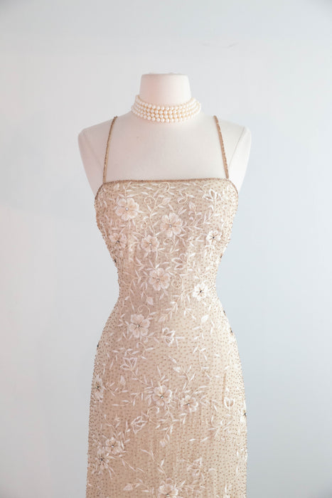 Dreamy Vintage Beaded and Embroidered Champagne Silk Chiffon Bridal Gown / ML