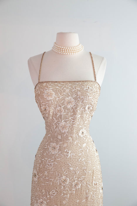 Dreamy Vintage Beaded and Embroidered Champagne Silk Chiffon Bridal Gown / ML