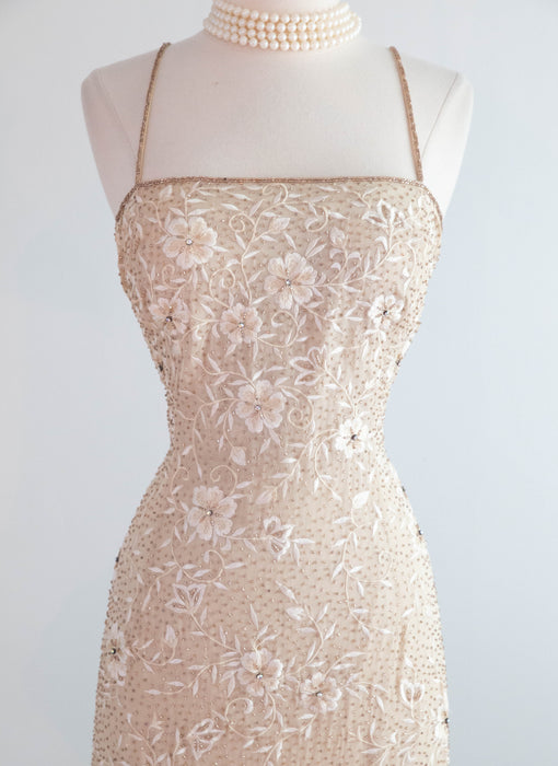 Dreamy Vintage Beaded and Embroidered Champagne Silk Chiffon Bridal Gown / ML