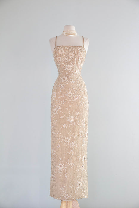 Dreamy Vintage Beaded and Embroidered Champagne Silk Chiffon Bridal Gown / ML