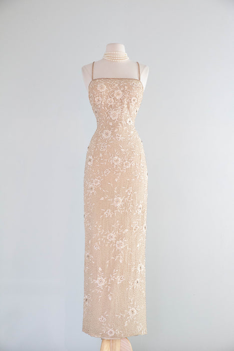 Dreamy Vintage Beaded and Embroidered Champagne Silk Chiffon Bridal Gown / ML