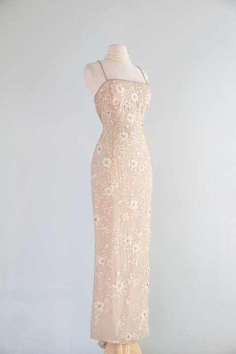Dreamy Vintage Beaded and Embroidered Champagne Silk Chiffon Bridal Gown / ML