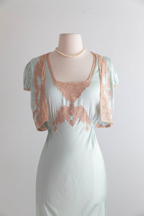Luminous 1930's Aquamarine Silk Bias Cut Night Gown / M