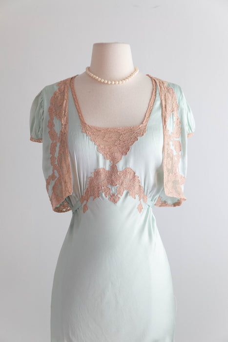 Luminous 1930's Aquamarine Silk Bias Cut Night Gown / M