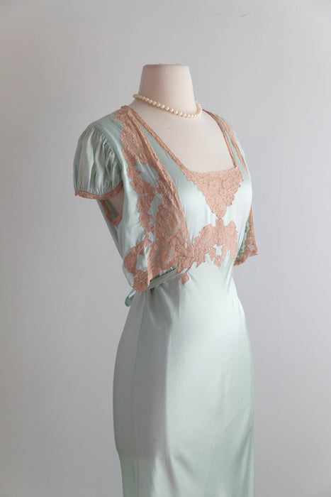 Luminous 1930's Aquamarine Silk Bias Cut Night Gown / M