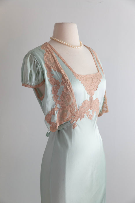 Luminous 1930's Aquamarine Silk Bias Cut Night Gown / M