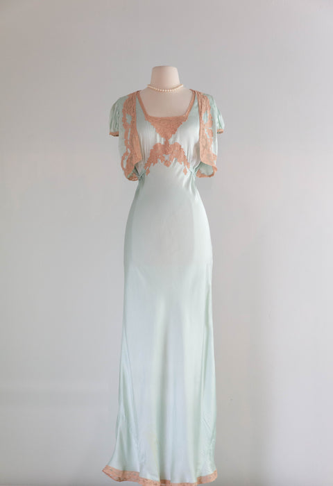 Luminous 1930's Aquamarine Silk Bias Cut Night Gown / M