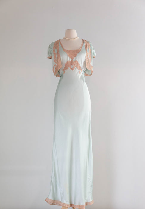 Luminous 1930's Aquamarine Silk Bias Cut Night Gown / M