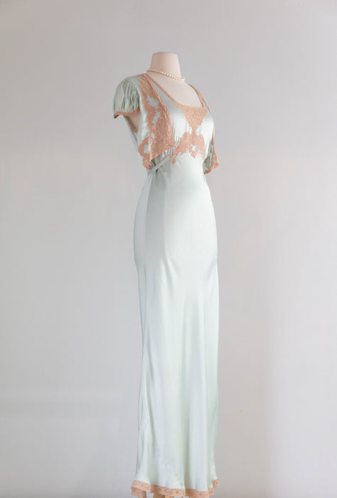 Luminous 1930's Aquamarine Silk Bias Cut Night Gown / M