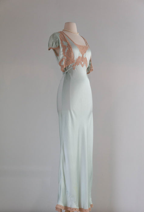 Luminous 1930's Aquamarine Silk Bias Cut Night Gown / M