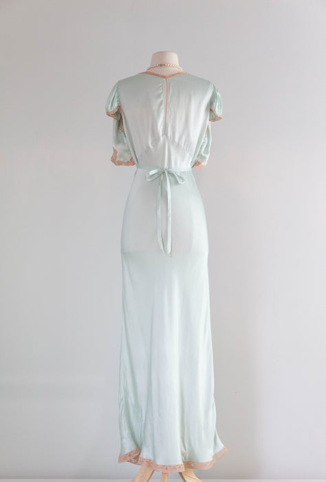 Luminous 1930's Aquamarine Silk Bias Cut Night Gown / M