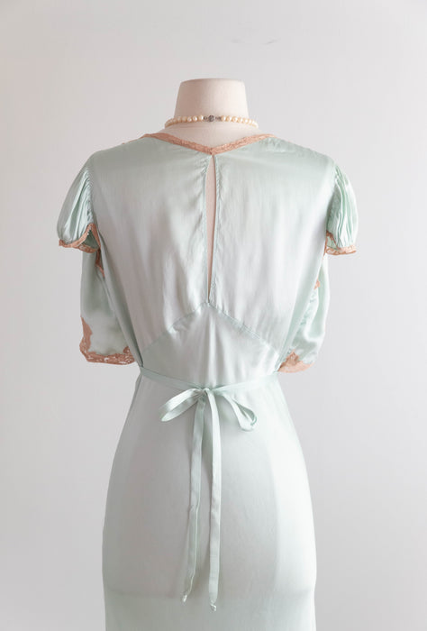 Luminous 1930's Aquamarine Silk Bias Cut Night Gown / M
