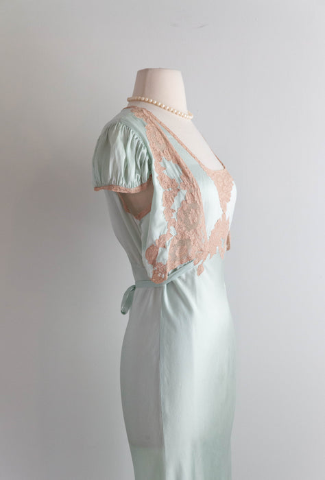 Luminous 1930's Aquamarine Silk Bias Cut Night Gown / M