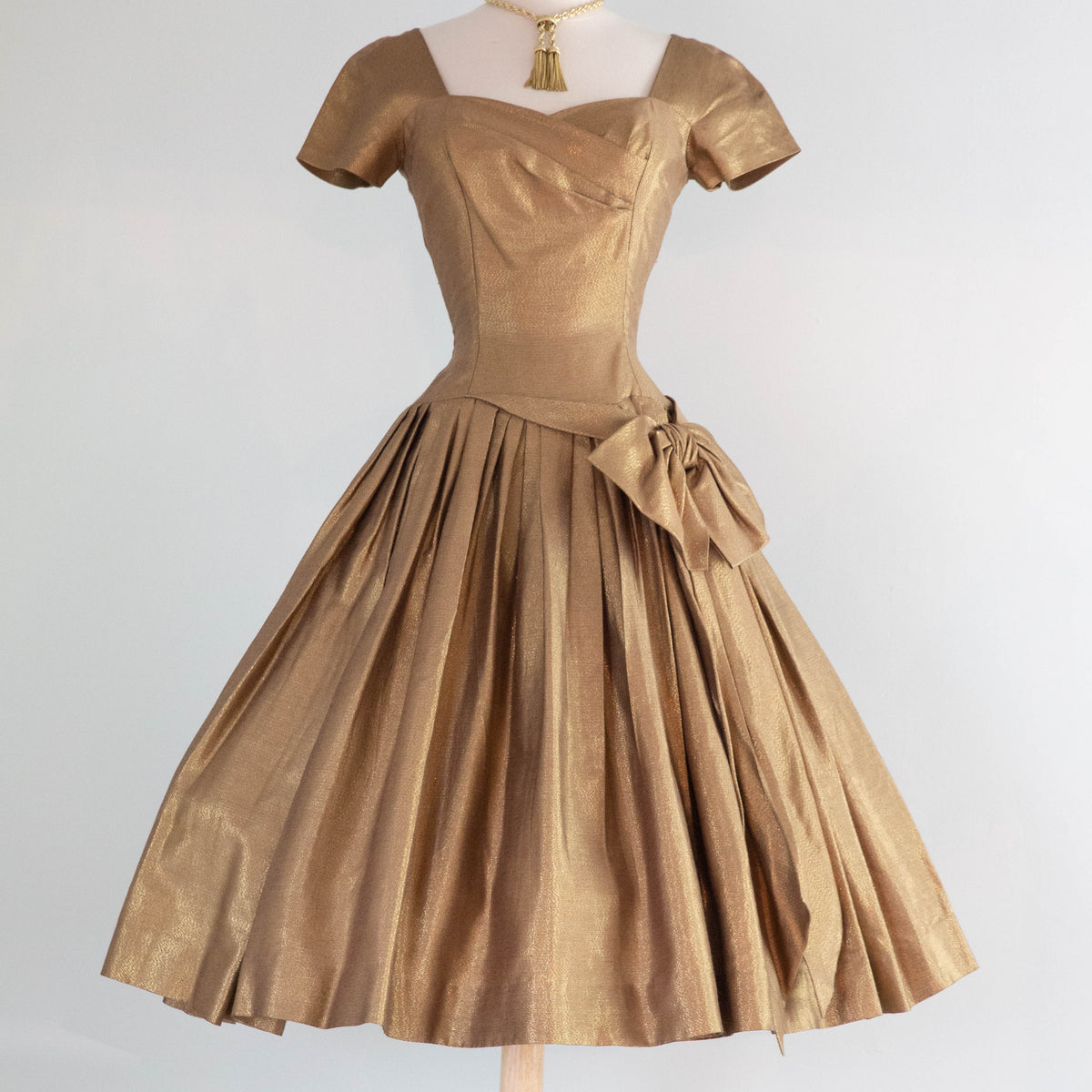 gold lame dress vintage Glamorous & Iconic 1950's Lame' Cocktail Party By Helga / S – Xtabay DROP_JAN25-RESTOCK theatrical feel Tara Tie Dye Maxi Wood:Rustic Quartersawn Oak