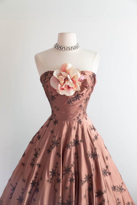 Stunning 1950's Rosewood Embroidered Satin Strapless Evening Dress / Small