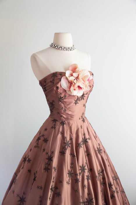 Stunning 1950's Rosewood Embroidered Satin Strapless Evening Dress / Small