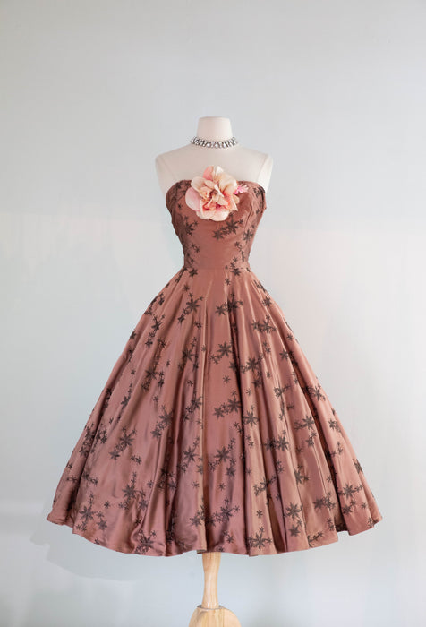 Stunning 1950's Rosewood Embroidered Satin Strapless Evening Dress / Small