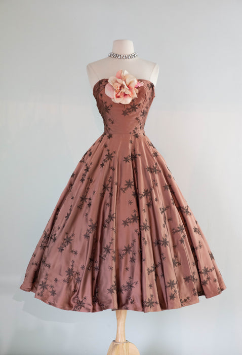 Stunning 1950's Rosewood Embroidered Satin Strapless Evening Dress / Small