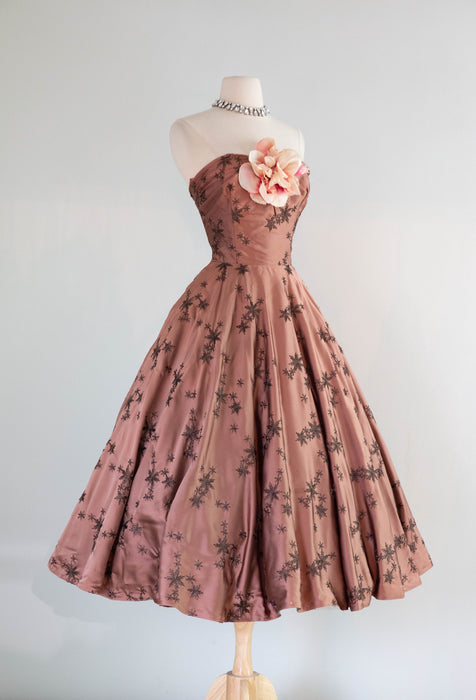 Stunning 1950's Rosewood Embroidered Satin Strapless Evening Dress / Small