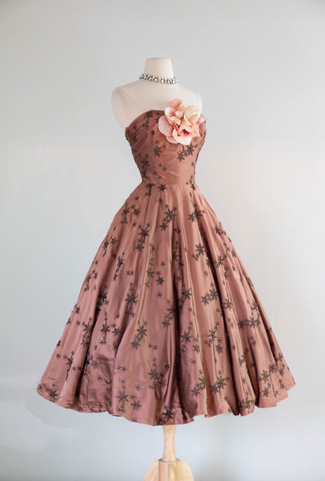 Stunning 1950's Rosewood Embroidered Satin Strapless Evening Dress / Small