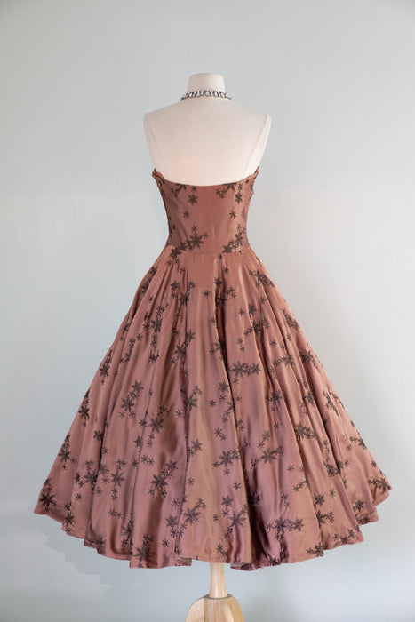 Stunning 1950's Rosewood Embroidered Satin Strapless Evening Dress / Small