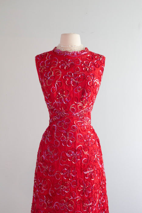 Spectacular 1960's Cherry Red Lace Evening Gown Shimmering Aurora Sequins / L