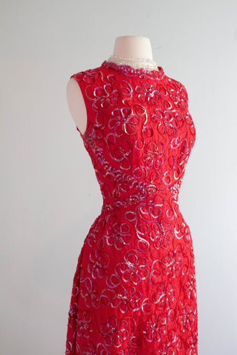 Spectacular 1960's Cherry Red Lace Evening Gown Shimmering Aurora Sequins / L