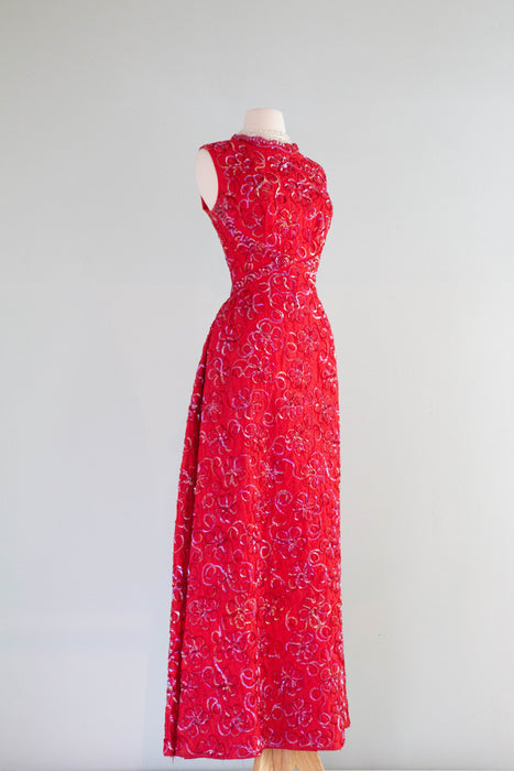 Spectacular 1960's Cherry Red Lace Evening Gown Shimmering Aurora Sequins / L