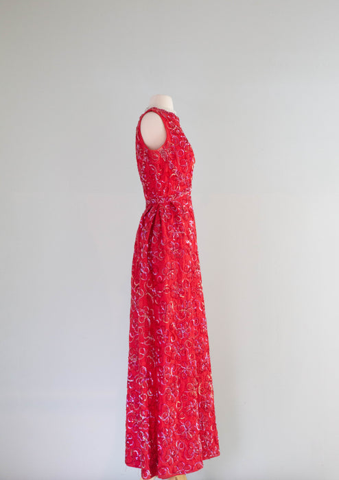 Spectacular 1960's Cherry Red Lace Evening Gown Shimmering Aurora Sequins / L