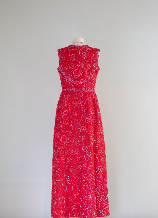 Spectacular 1960's Cherry Red Lace Evening Gown Shimmering Aurora Sequins / L