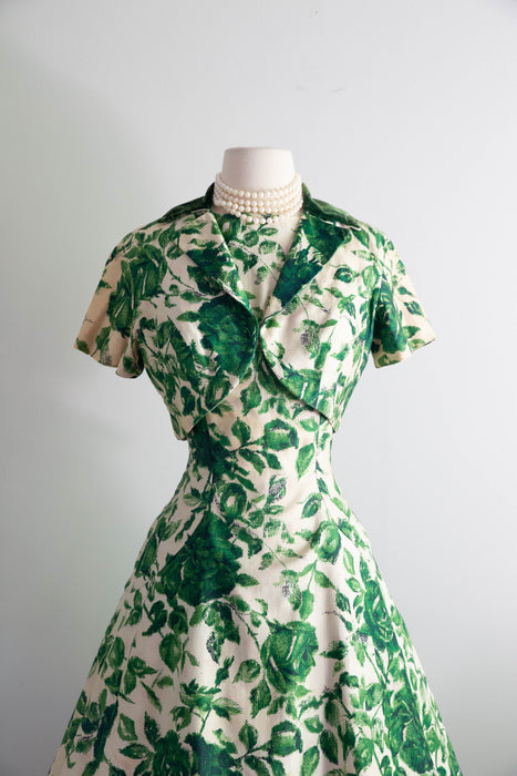 Gorgeous 1950's Emerald Rose Print Party Dress By Estevez / Small