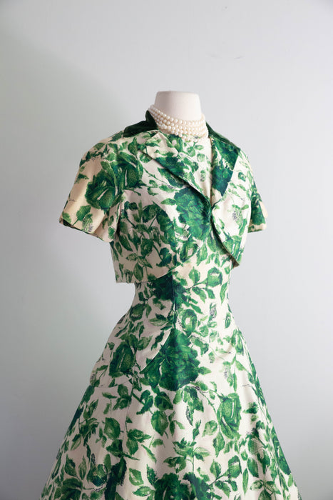 Gorgeous 1950's Emerald Rose Print Party Dress By Estevez / Small