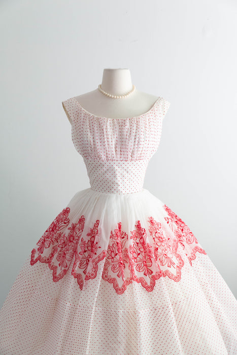 The Sweetest Late 1950's Red & White Swiss Dot Flocked Cupcake Party Dress / S
