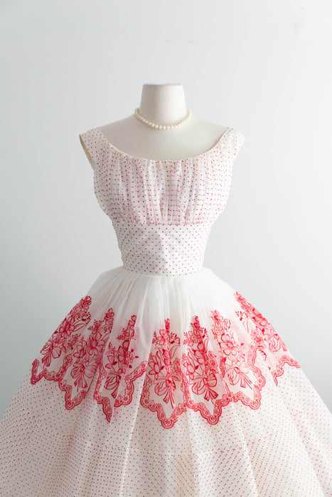 The Sweetest Late 1950's Red & White Swiss Dot Flocked Cupcake Party Dress / S