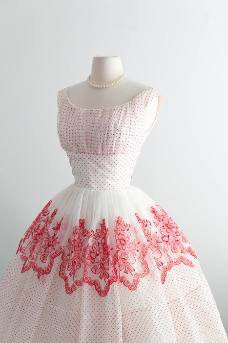The Sweetest Late 1950's Red & White Swiss Dot Flocked Cupcake Party Dress / S