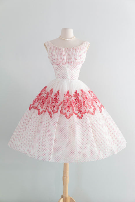 The Sweetest Late 1950's Red & White Swiss Dot Flocked Cupcake Party Dress / S