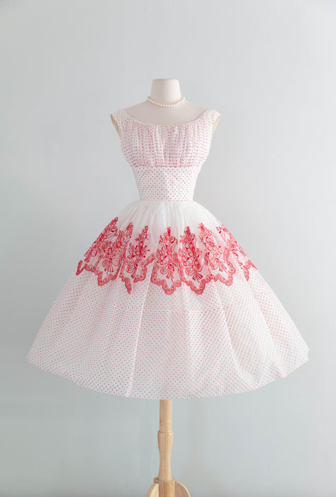 The Sweetest Late 1950's Red & White Swiss Dot Flocked Cupcake Party Dress / S