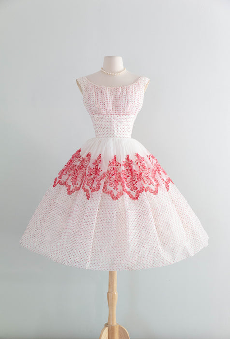 The Sweetest Late 1950's Red & White Swiss Dot Flocked Cupcake Party Dress / S