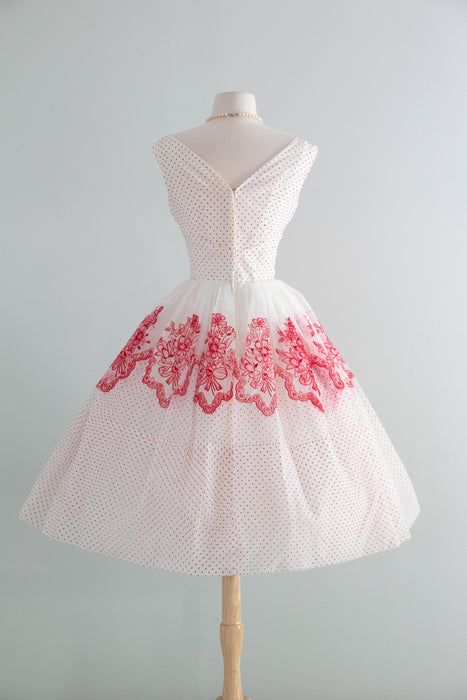 The Sweetest Late 1950's Red & White Swiss Dot Flocked Cupcake Party Dress / S