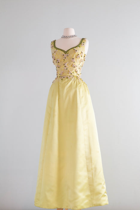Spectacular Early 1960's Beaded Silk Evening Gown in Lemon Lime / SM
